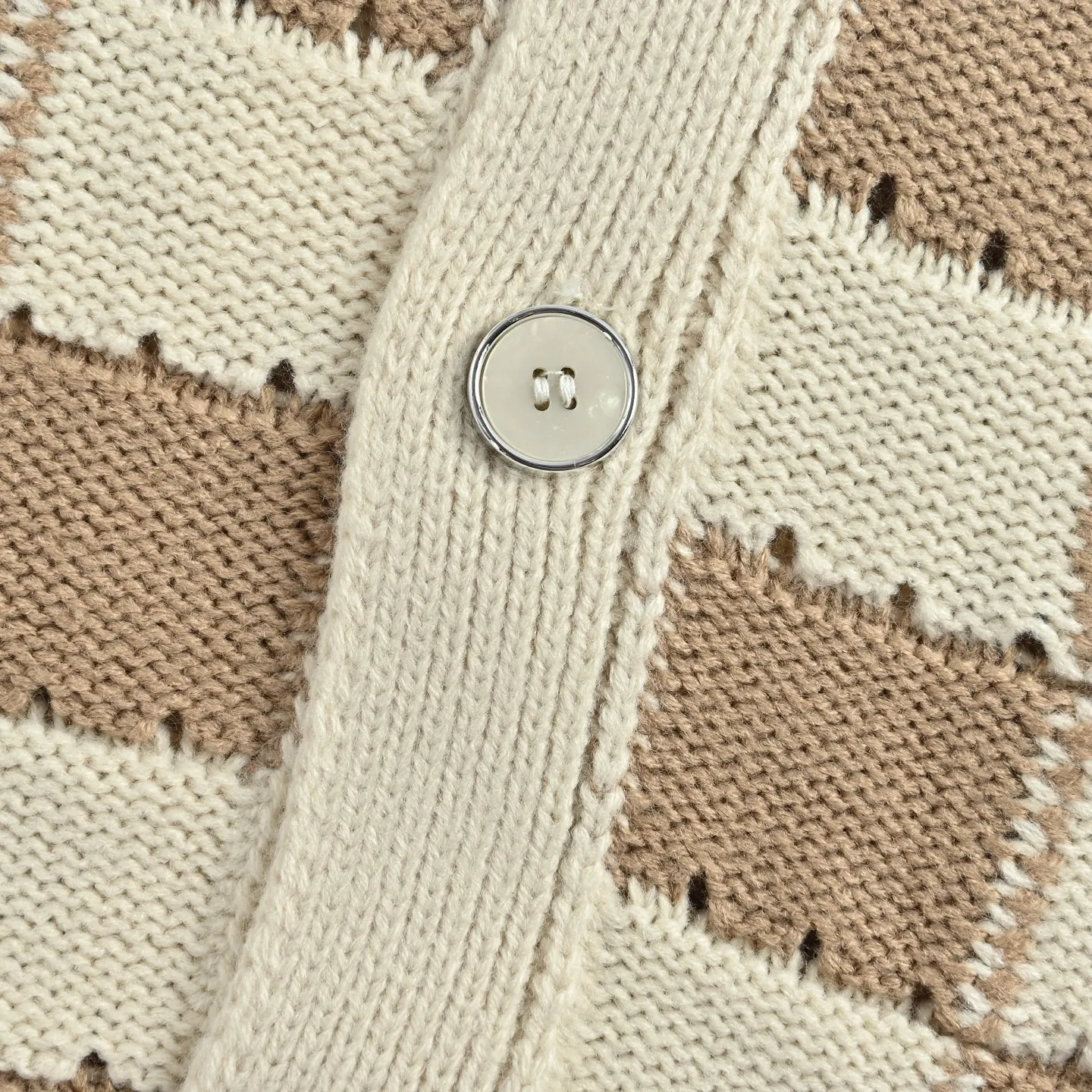 Louis Vuitton/Louis Vuitton Khaki Cream White Checkerboard Hollow Round Neck Knitted Cardigan